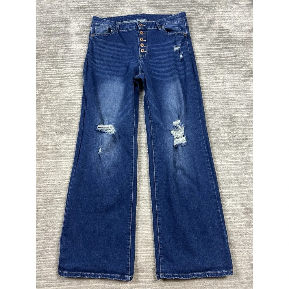 Fashion Wear Jeans Womens‎ XL Blue Denim Flare Destroyed Cotton Blend